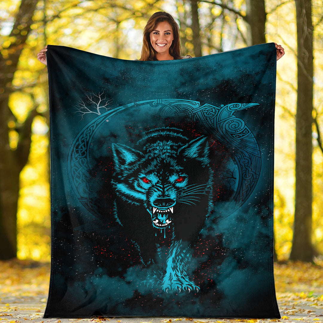 Viking Blanket Moon Wolf Tattoo Sherpa Fleece Blanket Gifts for Viking Lovers