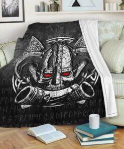 Viking Blanket Nordic Mythology Skull Mead Horn Warrior Runes Viking Sherpa Fleece Blanket Gifts for Viking Lovers