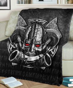 Viking Blanket Nordic Mythology Skull Mead Horn Warrior Runes Viking Sherpa Fleece Blanket Gifts for Viking Lovers