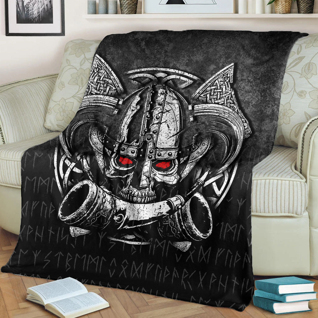 Viking Blanket Nordic Mythology Skull Mead Horn Warrior Runes Viking Sherpa Fleece Blanket Gifts for Viking Lovers