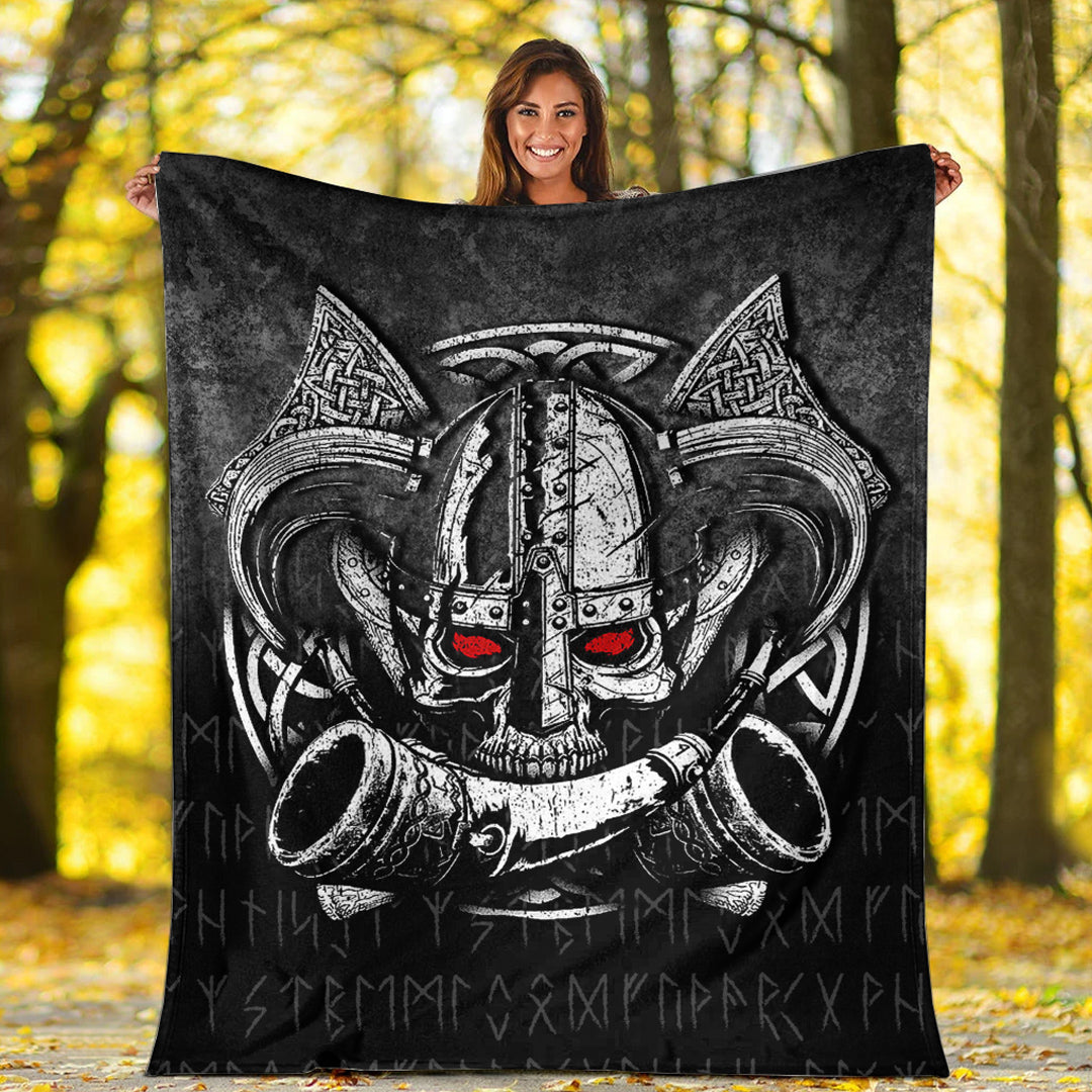 Viking Blanket Nordic Mythology Skull Mead Horn Warrior Runes Viking Sherpa Fleece Blanket Gifts for Viking Lovers