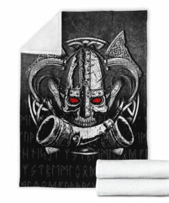Viking Blanket Nordic Mythology Skull Mead Horn Warrior Runes Viking Sherpa Fleece Blanket Gifts for Viking Lovers