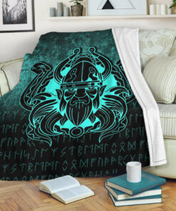 Viking Blanket Nordic Warrior Valhalla Norse Cyan Version Sherpa Fleece Blanket Gifts for Viking Lovers
