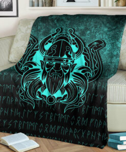 Viking Blanket Nordic Warrior Valhalla Norse Cyan Version Sherpa Fleece Blanket Gifts for Viking Lovers