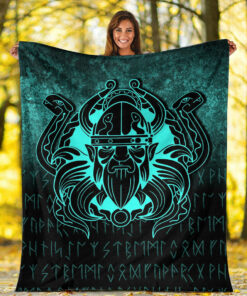 Viking Blanket Nordic Warrior Valhalla Norse Cyan Version Sherpa Fleece Blanket Gifts for Viking Lovers