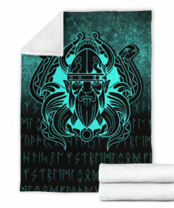 Viking Blanket Nordic Warrior Valhalla Norse Cyan Version Sherpa Fleece Blanket Gifts for Viking Lovers