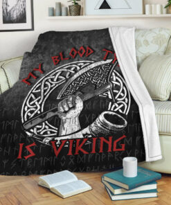 Viking Blanket Norse Mythology Horn Axe Warrior My Blood Type Is Viking Sherpa Fleece Blanket Gifts for Viking Lovers
