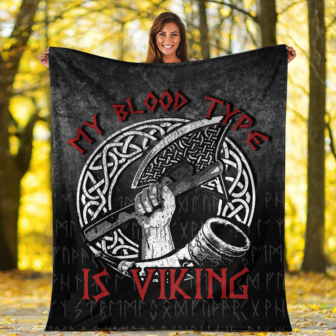 Viking Blanket Norse Mythology Horn Axe Warrior My Blood Type Is Viking Sherpa Fleece Blanket Gifts for Viking Lovers