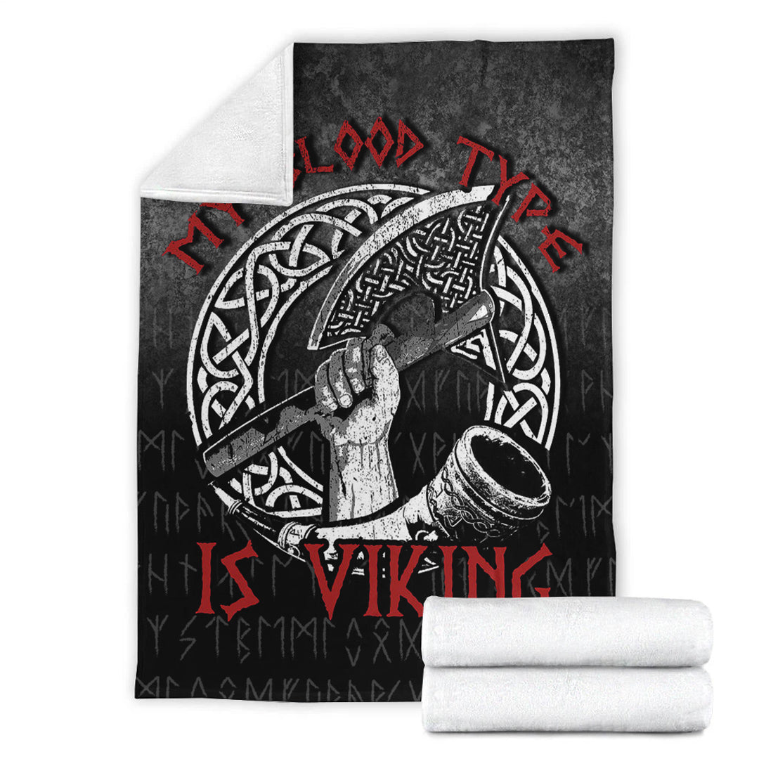 Viking Blanket Norse Mythology Horn Axe Warrior My Blood Type Is Viking Sherpa Fleece Blanket Gifts for Viking Lovers