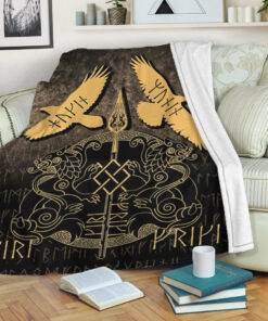 Viking Blanket Norse Mythology Spear of Odin Gungnir Runes Geri Freki Huginn Muninn Sherpa Fleece Blanket Gifts for Viking Lovers