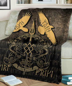 Viking Blanket Norse Mythology Spear of Odin Gungnir Runes Geri Freki Huginn Muninn Sherpa Fleece Blanket Gifts for Viking Lovers