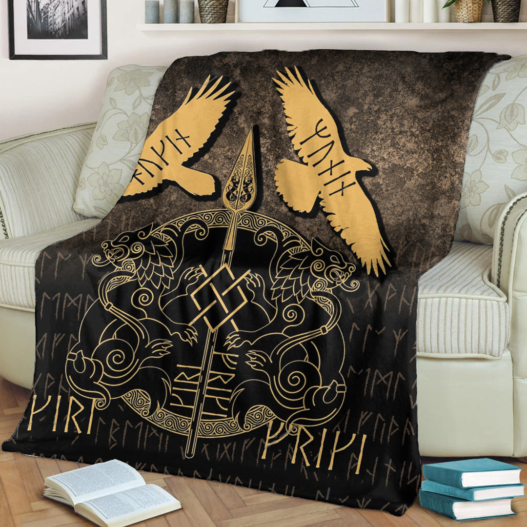 Viking Blanket Norse Mythology Spear of Odin Gungnir Runes Geri Freki Huginn Muninn Sherpa Fleece Blanket Gifts for Viking Lovers