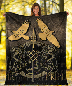 Viking Blanket Norse Mythology Spear of Odin Gungnir Runes Geri Freki Huginn Muninn Sherpa Fleece Blanket Gifts for Viking Lovers