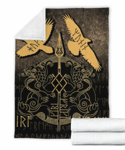 Viking Blanket Norse Mythology Spear of Odin Gungnir Runes Geri Freki Huginn Muninn Sherpa Fleece Blanket Gifts for Viking Lovers