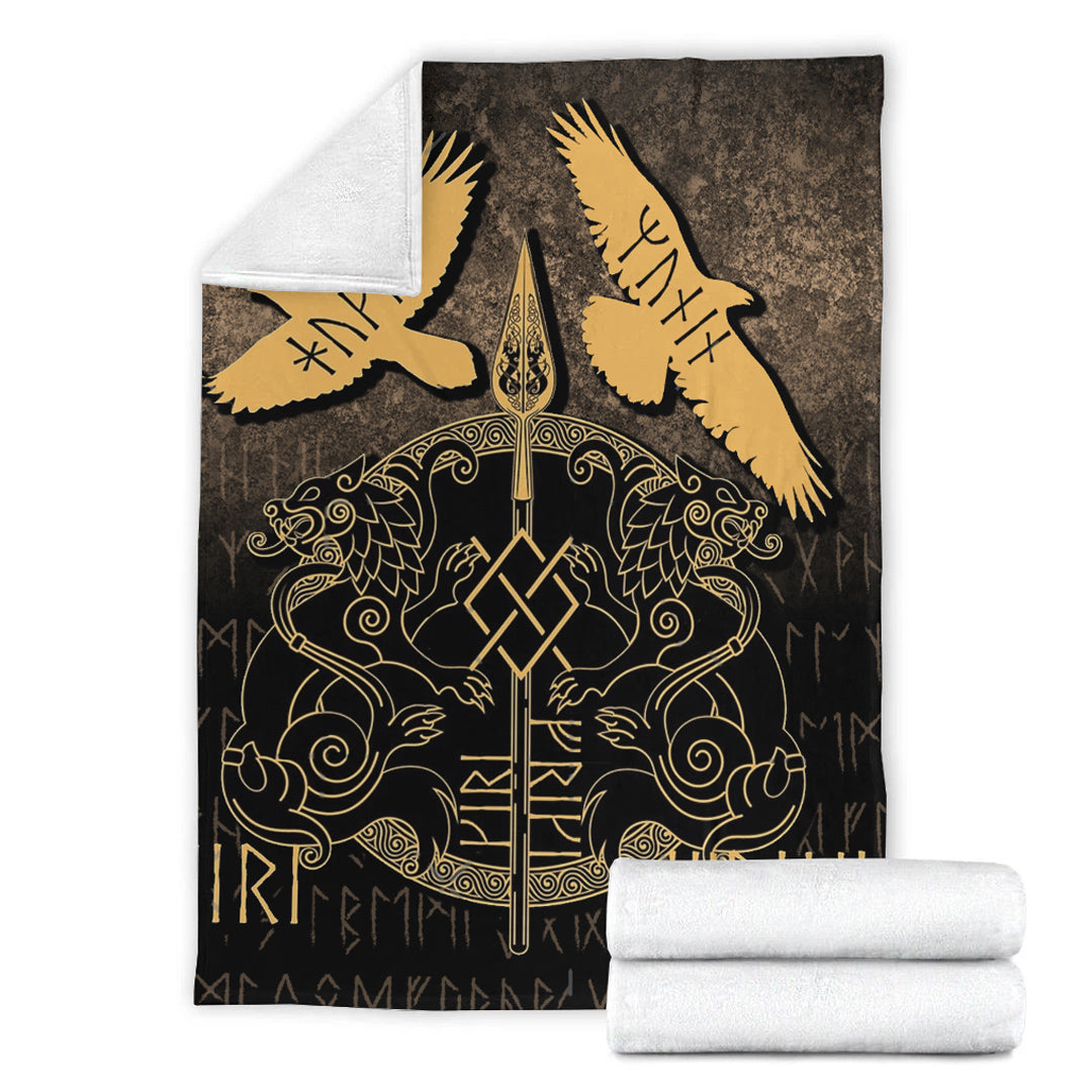 Viking Blanket Norse Mythology Spear of Odin Gungnir Runes Geri Freki Huginn Muninn Sherpa Fleece Blanket Gifts for Viking Lovers