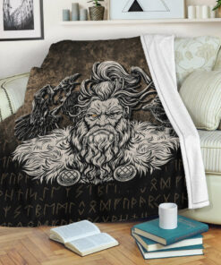 Viking Blanket Norse Viking Mythology Allfather Odin Huginn Muninn Sherpa Fleece Blanket Gifts for Viking Lovers