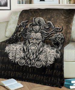 Viking Blanket Norse Viking Mythology Allfather Odin Huginn Muninn Sherpa Fleece Blanket Gifts for Viking Lovers