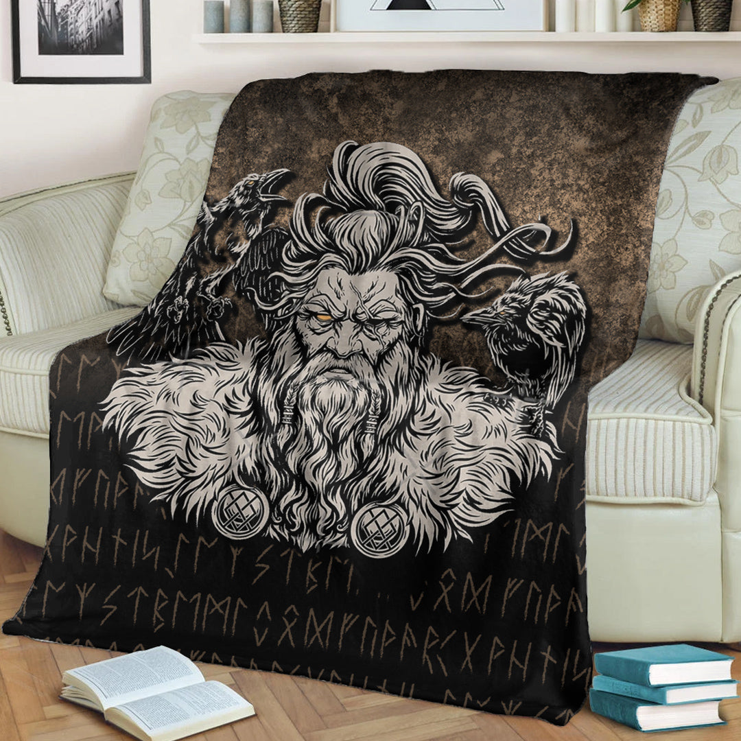 Viking Blanket Norse Viking Mythology Allfather Odin Huginn Muninn Sherpa Fleece Blanket Gifts for Viking Lovers