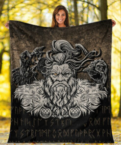 Viking Blanket Norse Viking Mythology Allfather Odin Huginn Muninn Sherpa Fleece Blanket Gifts for Viking Lovers