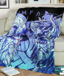 Viking Blanket Norse Warrior Berserker Blue Sherpa Fleece Blanket Gifts for Viking Lovers