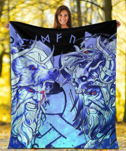 Viking Blanket Norse Warrior Berserker Blue Sherpa Fleece Blanket Gifts for Viking Lovers