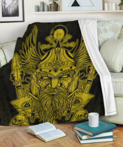 Viking Blanket Odin And Raven Gold Viking Homeset Sherpa Fleece Blanket Gifts for Viking Lovers
