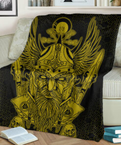 Viking Blanket Odin And Raven Gold Viking Homeset Sherpa Fleece Blanket Gifts for Viking Lovers