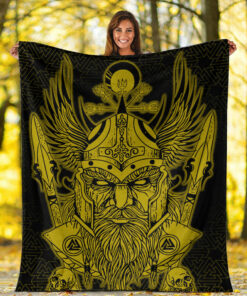 Viking Blanket Odin And Raven Gold Viking Homeset Sherpa Fleece Blanket Gifts for Viking Lovers