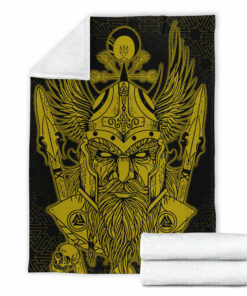 Viking Blanket Odin And Raven Gold Viking Homeset Sherpa Fleece Blanket Gifts for Viking Lovers