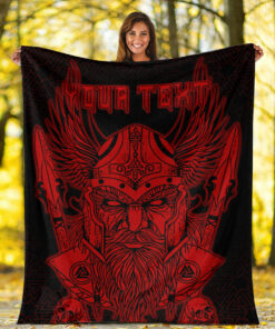Viking Blanket Odin And Raven Red Text Viking Homeset Sherpa Fleece Blanket Gifts for Viking Lovers