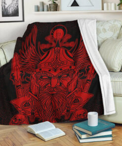 Viking Blanket Odin And Raven Red Viking Homeset Sherpa Fleece Blanket Gifts for Viking Lovers