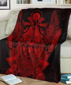 Viking Blanket Odin And Raven Red Viking Homeset Sherpa Fleece Blanket Gifts for Viking Lovers