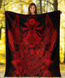 Viking Blanket Odin And Raven Red Viking Homeset Sherpa Fleece Blanket Gifts for Viking Lovers