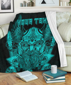 Viking Blanket Odin And Raven Turquoise Text Viking Homeset Sherpa Fleece Blanket Gifts for Viking Lovers