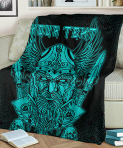 Viking Blanket Odin And Raven Turquoise Text Viking Homeset Sherpa Fleece Blanket Gifts for Viking Lovers