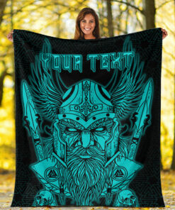 Viking Blanket Odin And Raven Turquoise Text Viking Homeset Sherpa Fleece Blanket Gifts for Viking Lovers