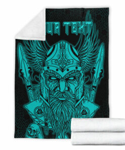 Viking Blanket Odin And Raven Turquoise Text Viking Homeset Sherpa Fleece Blanket Gifts for Viking Lovers