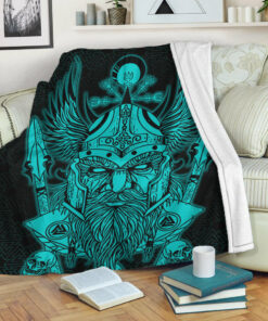 Viking Blanket Odin And Raven Turquoise Text Viking Sherpa Fleece Blanket Gifts for Viking Lovers