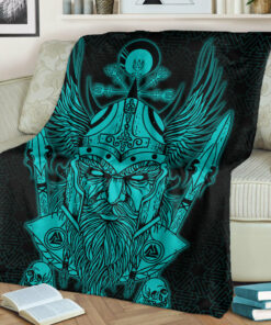 Viking Blanket Odin And Raven Turquoise Text Viking Sherpa Fleece Blanket Gifts for Viking Lovers