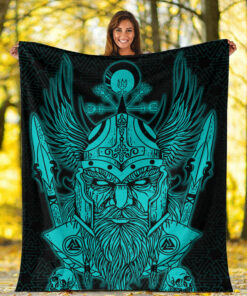 Viking Blanket Odin And Raven Turquoise Text Viking Sherpa Fleece Blanket Gifts for Viking Lovers