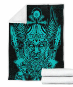 Viking Blanket Odin And Raven Turquoise Text Viking Sherpa Fleece Blanket Gifts for Viking Lovers