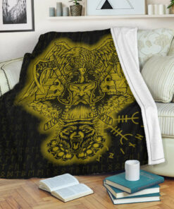 Viking Blanket Odin And Raven Wolf Gold Viking Homeset Sherpa Fleece Blanket Gifts for Viking Lovers