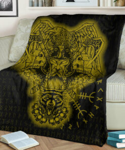 Viking Blanket Odin And Raven Wolf Gold Viking Homeset Sherpa Fleece Blanket Gifts for Viking Lovers