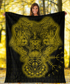 Viking Blanket Odin And Raven Wolf Gold Viking Homeset Sherpa Fleece Blanket Gifts for Viking Lovers