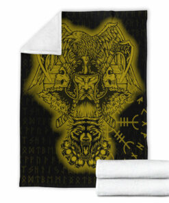 Viking Blanket Odin And Raven Wolf Gold Viking Homeset Sherpa Fleece Blanket Gifts for Viking Lovers