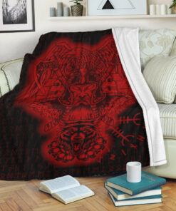 Viking Blanket Odin And Raven Wolf Red Viking Homeset Sherpa Fleece Blanket Gifts for Viking Lovers