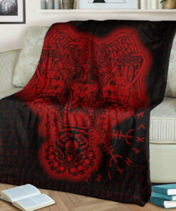 Viking Blanket Odin And Raven Wolf Red Viking Homeset Sherpa Fleece Blanket Gifts for Viking Lovers