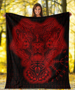 Viking Blanket Odin And Raven Wolf Red Viking Homeset Sherpa Fleece Blanket Gifts for Viking Lovers