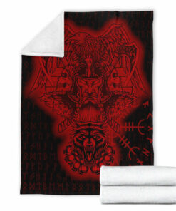 Viking Blanket Odin And Raven Wolf Red Viking Homeset Sherpa Fleece Blanket Gifts for Viking Lovers