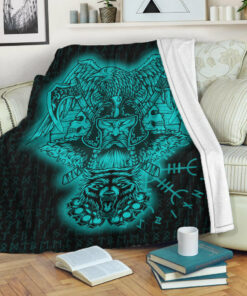 Viking Blanket Odin And Raven Wolf Turquoise Viking Homeset Sherpa Fleece Blanket Gifts for Viking Lovers